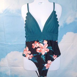 Teal/black/floral 1-Piece Swimsuit Monokini Halter scalloped by Cupshe XL NEW
